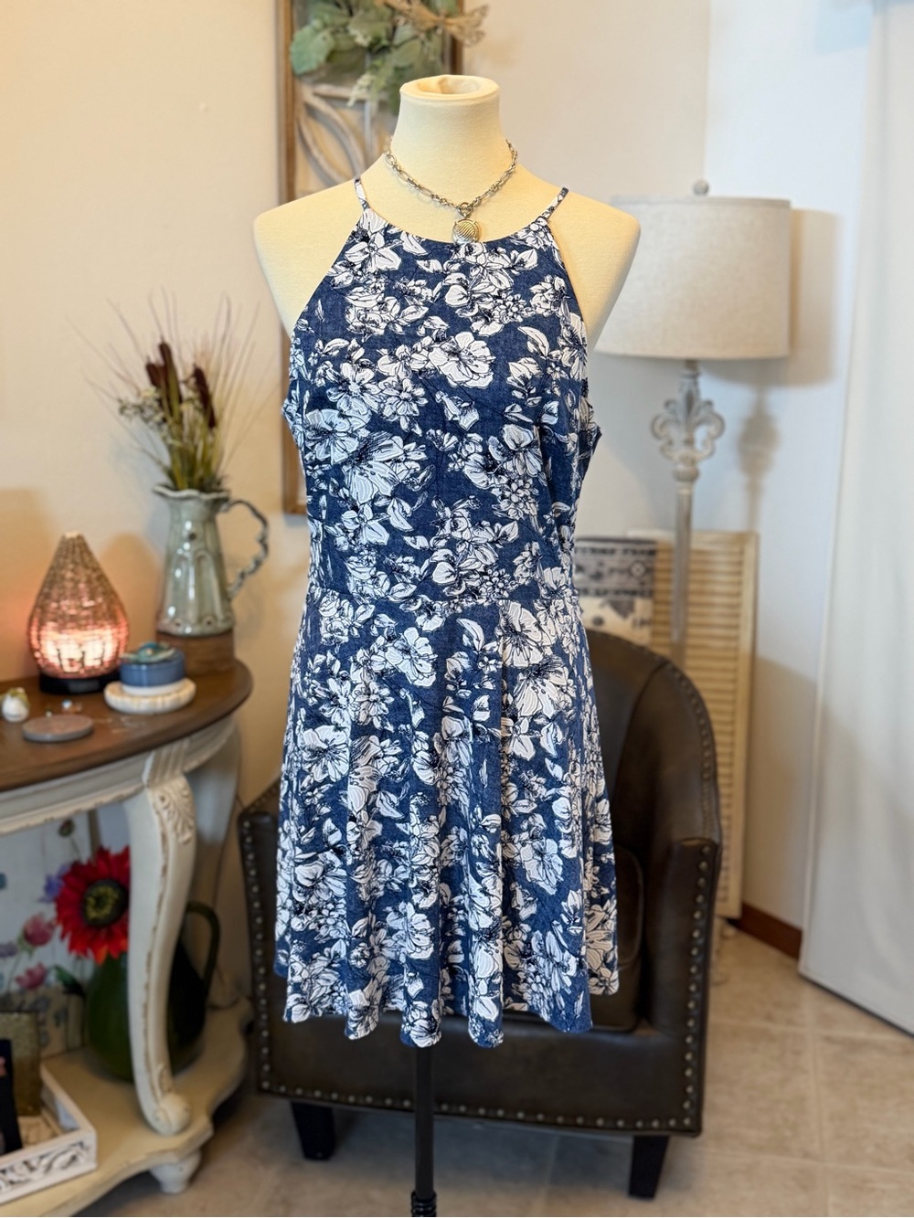 Floral Swing Dress - Navy & White